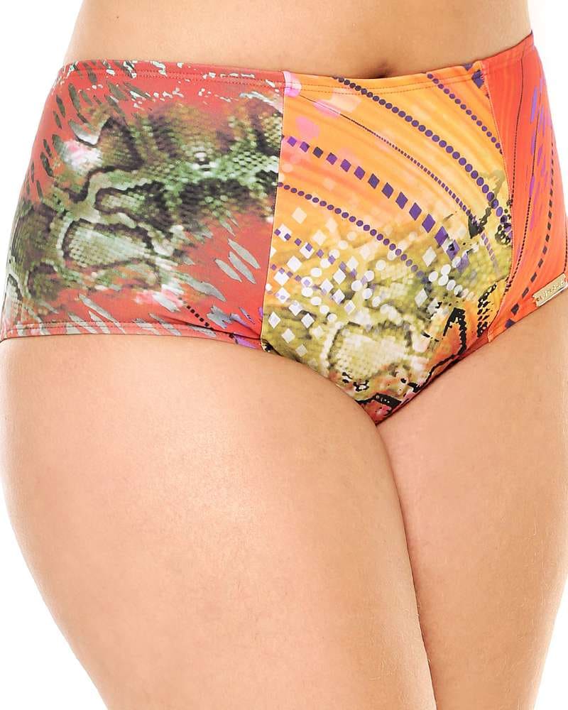 Front of a model wearing a size 24 High Waisted Bikini Bottom in Sunset by Lehona. | dia_product_style_image_id:267377